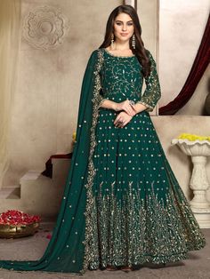 Green Georgette Partywear Anarkali Suit - Inddus.com Anarkali Designs, Green Anarkali, Silk Anarkali Suits, Celana Fashion, Silk Anarkali, Long Anarkali, Anarkali Lehenga, Engagement Reception, Gown Suit