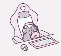 a drawing of a computer with a mouse and keyboard in front of it, on a pink background