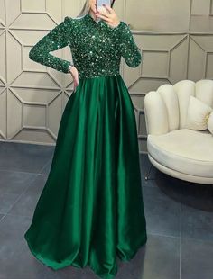 A-Line Evening Gown Sparkle Christmas Red Green Dress Wedding Guest Fall Floor Length Long Sleeve High Neck Satin with Sequin Dress Wedding Guest Fall, Green Dress Wedding Guest, Green Dress Wedding, Wedding Guest Fall, Red Green Dress, Prom Dresses Sparkly, Sparkle Christmas, Green Wedding Dresses, Wedding Cocktail Party