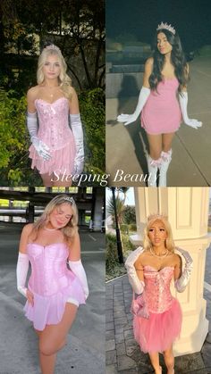 three different pictures of women dressed in pink and white outfits, one is wearing a tiara