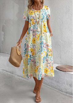 Color:Yellow;Size:S;Size:M;Size:L;Size:XL;Size:2XL;Size:3XL;Package Contents:1 X Dress;Occasion:Other;Style:Casual; Beach Dresses Casual, Casual Dresses Plus Size, Flower Skirt, Cotton Blends Dress, Round Neck Dresses, Wedding Dresses Plus Size, Floral Print Shorts, Types Of Dresses, Types Of Skirts