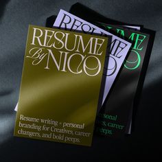 three resumes on top of each other in front of a black background with green lettering