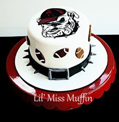 a cake decorated with an image of a dog on it's side and the words, lil miss muffin