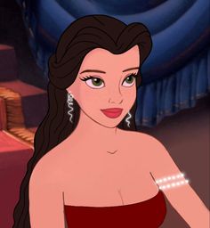 an animated image of a woman in a red dress with long hair and green eyes