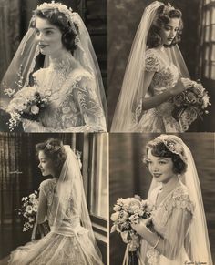 three pictures of women in wedding dresses and veils