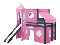 a pink and black castle bed with slide