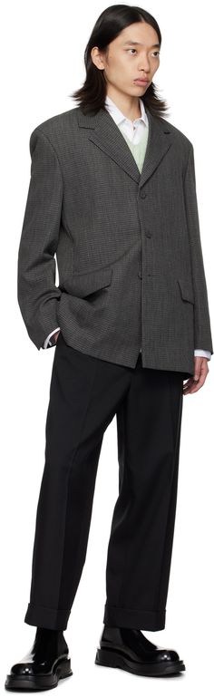 Virgin wool canvas blazer. Check pattern throughout. · Notched lapel · Button closure · Flap pockets · Padded shoulders · Welt pockets at interior · Viscose twill lining Supplier color: Dark edge Designer Single Button Blazer With Lapel Collar, Designer Blazer With Suit Collar And Welt Pockets, Designer Single Breasted Blazer With Notch Lapel, Fall Formal Blazer With Welt Pockets, Luxury Business Casual Sport Coat With Pockets, Designer Semi-formal Blazer With Concealed Placket, Designer Long Sleeve Blazer For Business, Designer Single-breasted Semi-formal Blazer, Designer Tailored Blazer With Welt Pockets