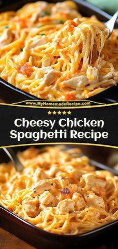 cheesy chicken spaghetti recipe in a skillet