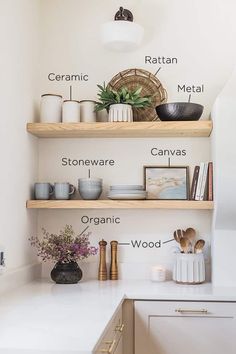 the kitchen shelves are labeled with different items