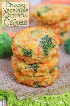 cheese broccoli carrot quinoa cakes stacked on top of each other