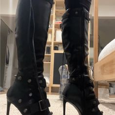 Black Knee High Boots With Silver Studded Detailing. Worn Once. Us Size 6 Black High Heel Boots With Rivets, Black Faux Leather Boots With Metal Details, High Heel Moto Boots With Rivets For Party, Black Faux Leather Boots With Rivets, Black Studded High Heel Moto Boots, Black High Heel Studded Moto Boots, Black High Heel Moto Boots With Studs, Black Leather Heeled Boots With Metal Feet, Black High Heel Moto Boots For Party