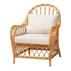 a wicker chair with a white cushion on it's arm and backrest