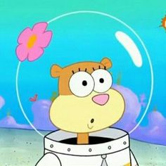 a cartoon character in a fish bowl with a pink flower on it's head