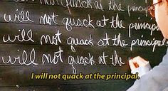 a woman writing on a blackboard with white writing in front of her and the words i will not quick at the principals