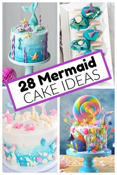 Four different mermaid themed cakes. Mermaid Birthday Cake Ideas Diy, Mermaid Cake Ideas Simple, Halloween Mermaid Cake, Lil Mermaid Cake, Dessert Party Theme, Mermaid Themed Birthday Cake, Homemade Mermaid Cake, Buttercream Mermaid Cake, Mermaid Birthday Cake Diy