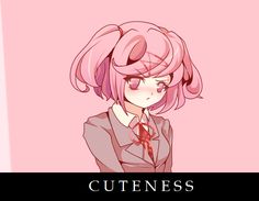 an anime character with pink hair and glasses, wearing a suit that says cutness