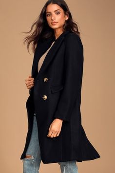 Women's Fashion Jackets | Trendy Jackets & Outerwear for Women - Lulus Black Outerwear With Double Button Closure For Fall, Chic Double-breasted Fall Outerwear, Trendy Formal Winter Outerwear, Chic Fitted Black Pea Coat, Fall Double-breasted Outerwear For Night Out, Double-breasted Outerwear For Fall Night Out, Double-breasted Outerwear For Night Out In Fall, Black Long Sleeve Peacoat For Fall, Chic Long Sleeve Winter Peacoat