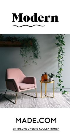 the cover of modern made com magazine with a pink chair and potted plant next to it