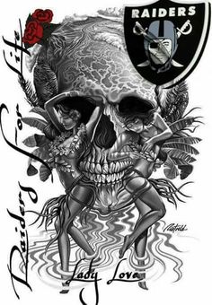 a drawing of a skull with roses on it and the oakland football team's logo