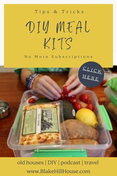 a plastic container filled with food and the words tips & tricks diy meal kits