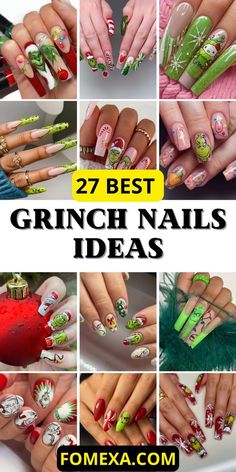 Grinch Nail Designs, Popular Nail Shapes, Grinch Nails, Christmas Nail Art Easy, Nail Art For Kids, Natural Nail Designs, Natural Nail Art, Dip Nail, Festive Nail Art