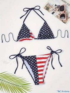 Orcajump - American Flap Star Stripe Print Tie Side 2-Piece Bikini, Halter Triangle Tie Back Neck Stretchy Swimsuits, Independence Day Outfits 4th Of July, Women's Swimwear & Clothing Fitted Triangle Top Swimwear For 4th Of July, 4th Of July Triangle Top Swimwear, White Swimwear For 4th Of July Beach Outing, White Swimwear For 4th Of July Beach Occasion, White Swimwear For 4th Of July Beach, White Swimwear For Beach On 4th Of July, Flag Print Triangle Top Swimwear For Beach, Flag Print Triangle Top Swimwear For Vacation, Vacation Swimwear With Flag Print And Triangle Top