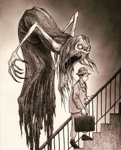 a drawing of a man walking up the stairs with a giant monster on his head