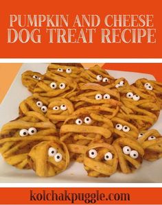 pumpkin and cheese dog treat recipe on a white plate with googly eyes in the middle