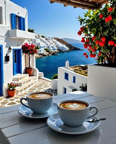 two cups of coffee sitting on top of a wooden table next to the ocean and buildings