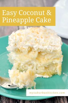 a piece of coconut and pineapple cake on a blue plate with a silver fork