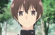 an anime character with brown hair and black shirt looking at the camera in front of trees