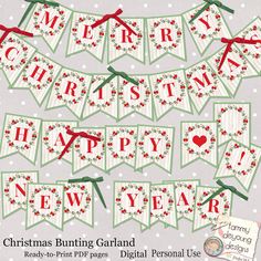 christmas bunting garland with the words merry new year in red, green and white