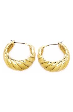 A 14-karat gold plating provides an enduring and radiant finish to hoop earrings with a charming croissant-inspired twist. 4/5" diameter Snap down post 14K gold plate Imported Gold-plated Crescent Hoop Earrings, Gold Plated Crescent Hoop Earrings, Gold-tone Plated Hoop Earrings, Twist Hoop Earrings, Earrings In Gold, Croissant, Gold Plating, Nordstrom Rack, Gold Plate