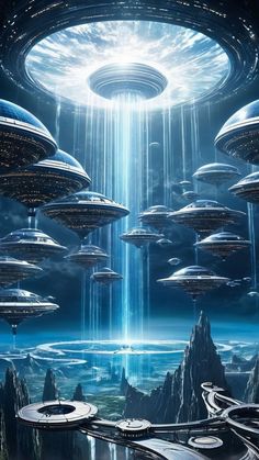 an alien world with many flying saucers in the sky