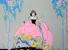 a painting of a woman in a pink dress sitting on top of a flower covered rock