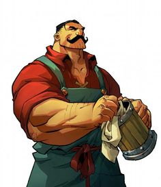 a cartoon character with a mustache holding a bucket and looking at something in his hand