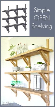 an open shelving unit with shelves and plants on it, in front of the words simple open shelving