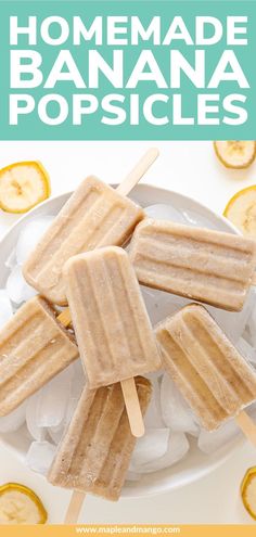 homemade banana popsicles on a plate with lemon slices