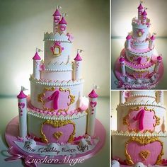 this is a pink and white cake with princess castle on it's top tier