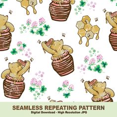 seamless repeating pattern with teddy bears in baskets and clover leaves on white background for st patrick's day