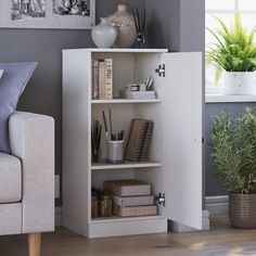 a living room with a couch and a book shelf next to a potted plant