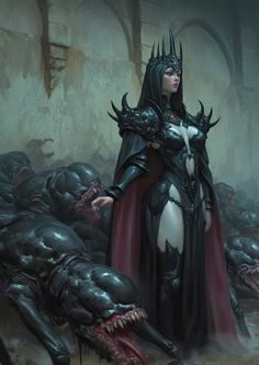 a woman dressed in black and red standing next to a bunch of demonic looking monsters