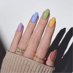 Pastel Season Has Arrived! 50 Spring-Ready Manicures to Inspire Your Next Set - Zoella Almond Nails Multicolor, Colorful Pastel Nails, Multicolored Pastel Nails, Muted Rainbow Nails, Mismatched Nails Color Schemes, Multi Colored Nails Spring, Subtle Rainbow Nails, Pastel Color Nails