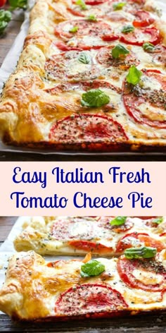 easy italian fresh tomato cheese pie with basil and mozzarella toppings on top