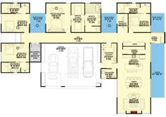 the floor plan for an apartment with three car garages and two separate living areas