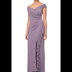 This Long, Shimmering Gown Will Flatter Your Figure With A Shoulder-Baring Sweetheart Neck, Ruching At The Waist And Radiating Ruffles Down The Side. Style Name: Alex Evenings Off The Shoulder Ruffle Column Gown. Style Number: 6282575. Size 10 Nwt - See Pics For Pulls On Fabric Pet And Smoke Free Home Silver Ruffled Evening Dress, Silver Ruched Dress For Formal Occasions, Silver Ruched Formal Dresses, Formal Fitted Mother Of The Bride Dress With Ruffles, Shimmering Gown, Gown Style, Alex Evenings, Column Gown, Sweetheart Neck