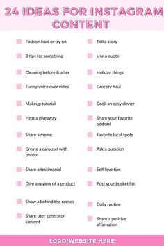 a pink and white checklist with the words, 24 ideas for instagramm content