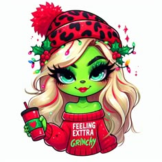 a cartoon girl with green hair wearing a red sweater and hat holding a cup in her hand