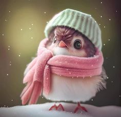 a small bird wearing a pink scarf and a knitted hat on top of it's head