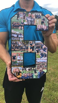 a man is holding up a collage of photos with the letter e on it